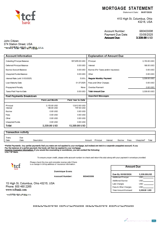 Download USA TCF Bank mortgage statement in Word and PDF formats Photoshop template